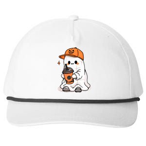 Halloween Spooky Season Cute Little Ghost Drinking Coffee Gift Snapback Five-Panel Rope Hat