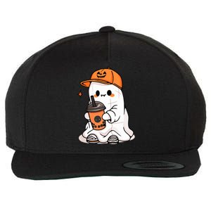 Halloween Spooky Season Cute Little Ghost Drinking Coffee Gift Wool Snapback Cap