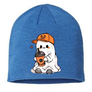 Halloween Spooky Season Cute Little Ghost Drinking Coffee Gift Sustainable Beanie