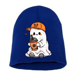 Halloween Spooky Season Cute Little Ghost Drinking Coffee Gift Short Acrylic Beanie