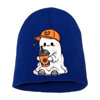 Halloween Spooky Season Cute Little Ghost Drinking Coffee Gift Short Acrylic Beanie