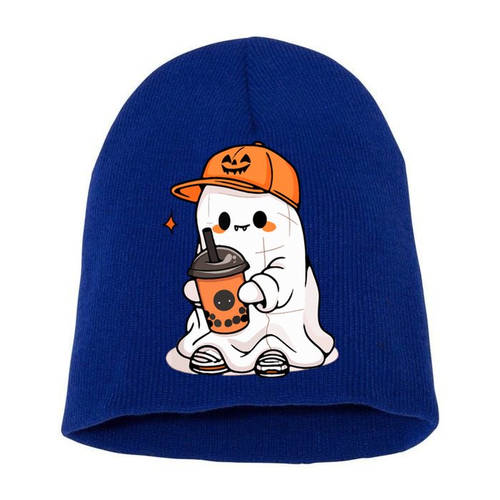 Halloween Spooky Season Cute Little Ghost Drinking Coffee Gift Short Acrylic Beanie