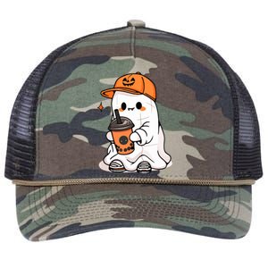 Halloween Spooky Season Cute Little Ghost Drinking Coffee Gift Retro Rope Trucker Hat Cap