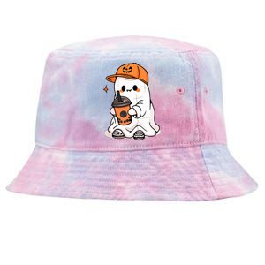 Halloween Spooky Season Cute Little Ghost Drinking Coffee Gift Tie-Dyed Bucket Hat