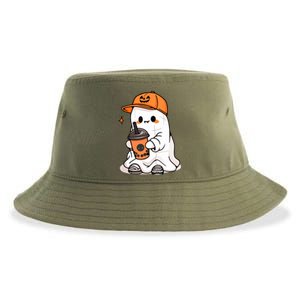 Halloween Spooky Season Cute Little Ghost Drinking Coffee Gift Sustainable Bucket Hat