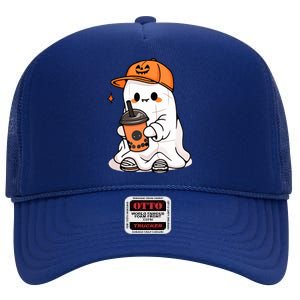 Halloween Spooky Season Cute Little Ghost Drinking Coffee Gift High Crown Mesh Back Trucker Hat