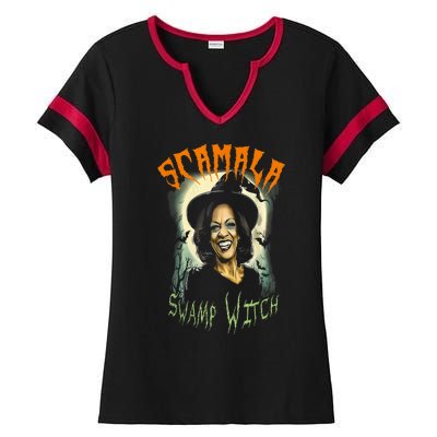 Halloween Scamala Swamp Witch Funny Anti Kamala Harris 2024 Gift Ladies Halftime Notch Neck Tee