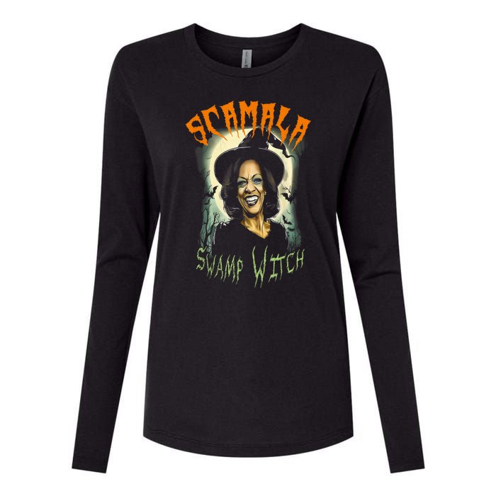 Halloween Scamala Swamp Witch Funny Anti Kamala Harris 2024 Gift Womens Cotton Relaxed Long Sleeve T-Shirt