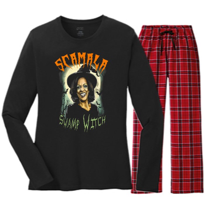 Halloween Scamala Swamp Witch Funny Anti Kamala Harris 2024 Gift Women's Long Sleeve Flannel Pajama Set 