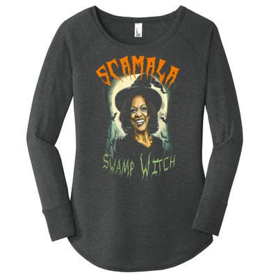 Halloween Scamala Swamp Witch Funny Anti Kamala Harris 2024 Gift Women's Perfect Tri Tunic Long Sleeve Shirt