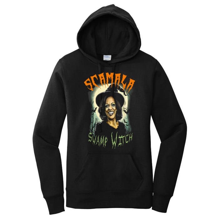 Halloween Scamala Swamp Witch Funny Anti Kamala Harris 2024 Gift Women's Pullover Hoodie