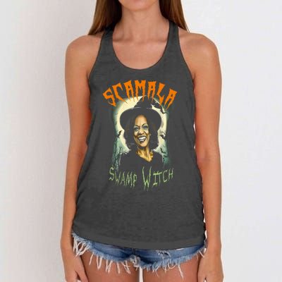 Halloween Scamala Swamp Witch Funny Anti Kamala Harris 2024 Gift Women's Knotted Racerback Tank