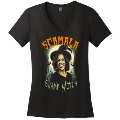 Halloween Scamala Swamp Witch Funny Anti Kamala Harris 2024 Gift Women's V-Neck T-Shirt