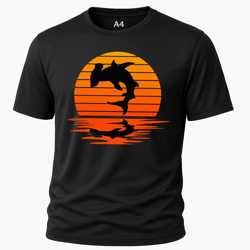 Hammerhead Shark Sihouette Sunset Cooling Performance Crew T-Shirt