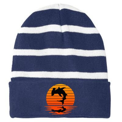 Hammerhead Shark Sihouette Sunset Striped Beanie with Solid Band