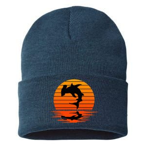 Hammerhead Shark Sihouette Sunset Sustainable Knit Beanie