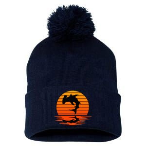 Hammerhead Shark Sihouette Sunset Pom Pom 12in Knit Beanie