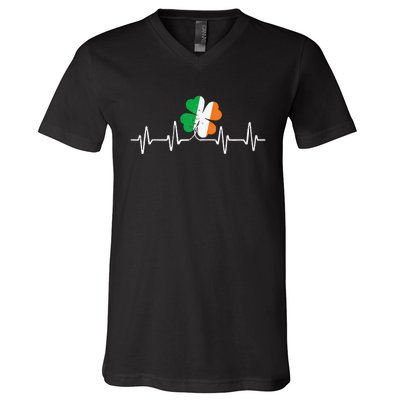 heartbeat Shamrock Saint Paddy's St Patricks Day V-Neck T-Shirt