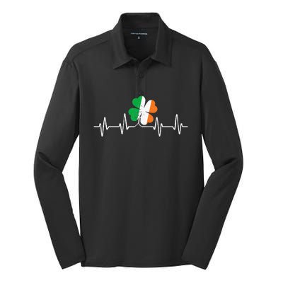 heartbeat Shamrock Saint Paddy's St Patricks Day Silk Touch Performance Long Sleeve Polo