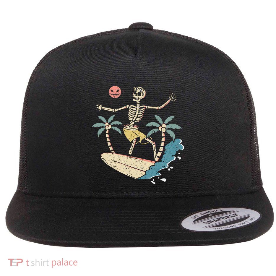 Hawaii Surfer Skeleton Halloween Beach Scary Spooky Surfers Flatbill Hat