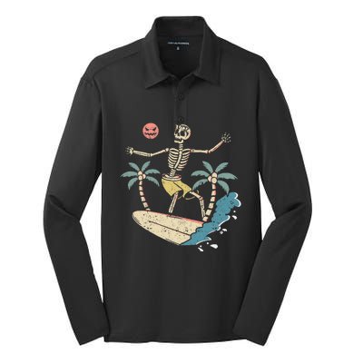 Hawaii Surfer Skeleton Halloween Beach Scary Spooky Surfers Silk Touch Performance Long Sleeve Polo