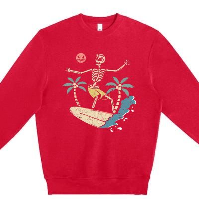 Hawaii Surfer Skeleton Halloween Beach Scary Spooky Surfers Premium Crewneck Sweatshirt