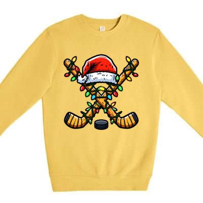 Hockey Sticks Santa Hat Christmas Lights Family Matching Gift Premium Crewneck Sweatshirt