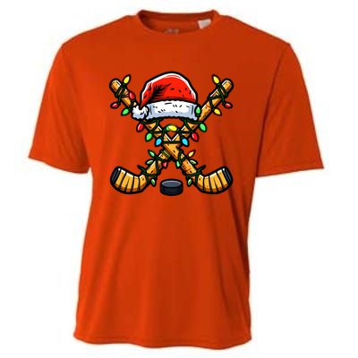 Hockey Sticks Santa Hat Christmas Lights Family Matching Gift Cooling Performance Crew T-Shirt