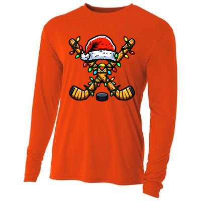 Hockey Sticks Santa Hat Christmas Lights Family Matching Gift Cooling Performance Long Sleeve Crew