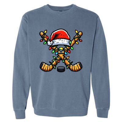 Hockey Sticks Santa Hat Christmas Lights Family Matching Gift Garment-Dyed Sweatshirt