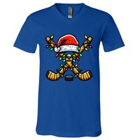 Hockey Sticks Santa Hat Christmas Lights Family Matching Gift V-Neck T-Shirt