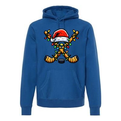 Hockey Sticks Santa Hat Christmas Lights Family Matching Gift Premium Hoodie