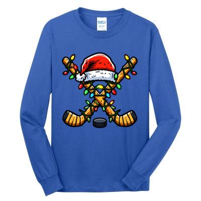 Hockey Sticks Santa Hat Christmas Lights Family Matching Gift Tall Long Sleeve T-Shirt