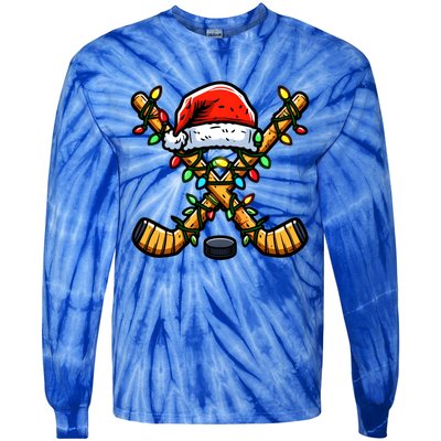 Hockey Sticks Santa Hat Christmas Lights Family Matching Gift Tie-Dye Long Sleeve Shirt