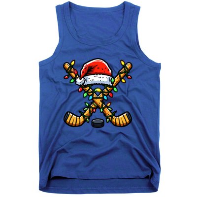 Hockey Sticks Santa Hat Christmas Lights Family Matching Gift Tank Top