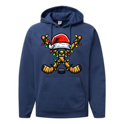 Hockey Sticks Santa Hat Christmas Lights Family Matching Gift Performance Fleece Hoodie