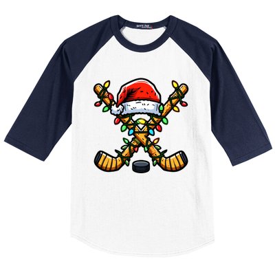 Hockey Sticks Santa Hat Christmas Lights Family Matching Gift Baseball Sleeve Shirt