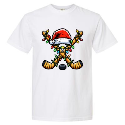 Hockey Sticks Santa Hat Christmas Lights Family Matching Gift Garment-Dyed Heavyweight T-Shirt