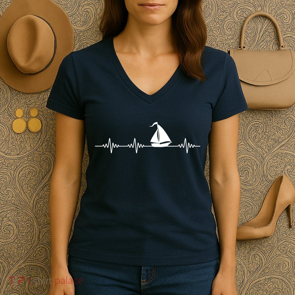 Heartbeat Sailing Sailboat Women's V-Neck T-Shirt