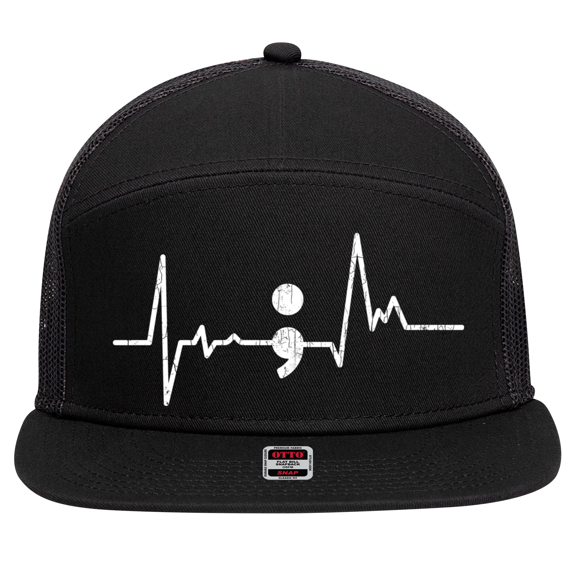Heartbeat Semicolon Suicide Prevention Awareness Graphic 7 Panel Mesh Trucker Snapback Hat