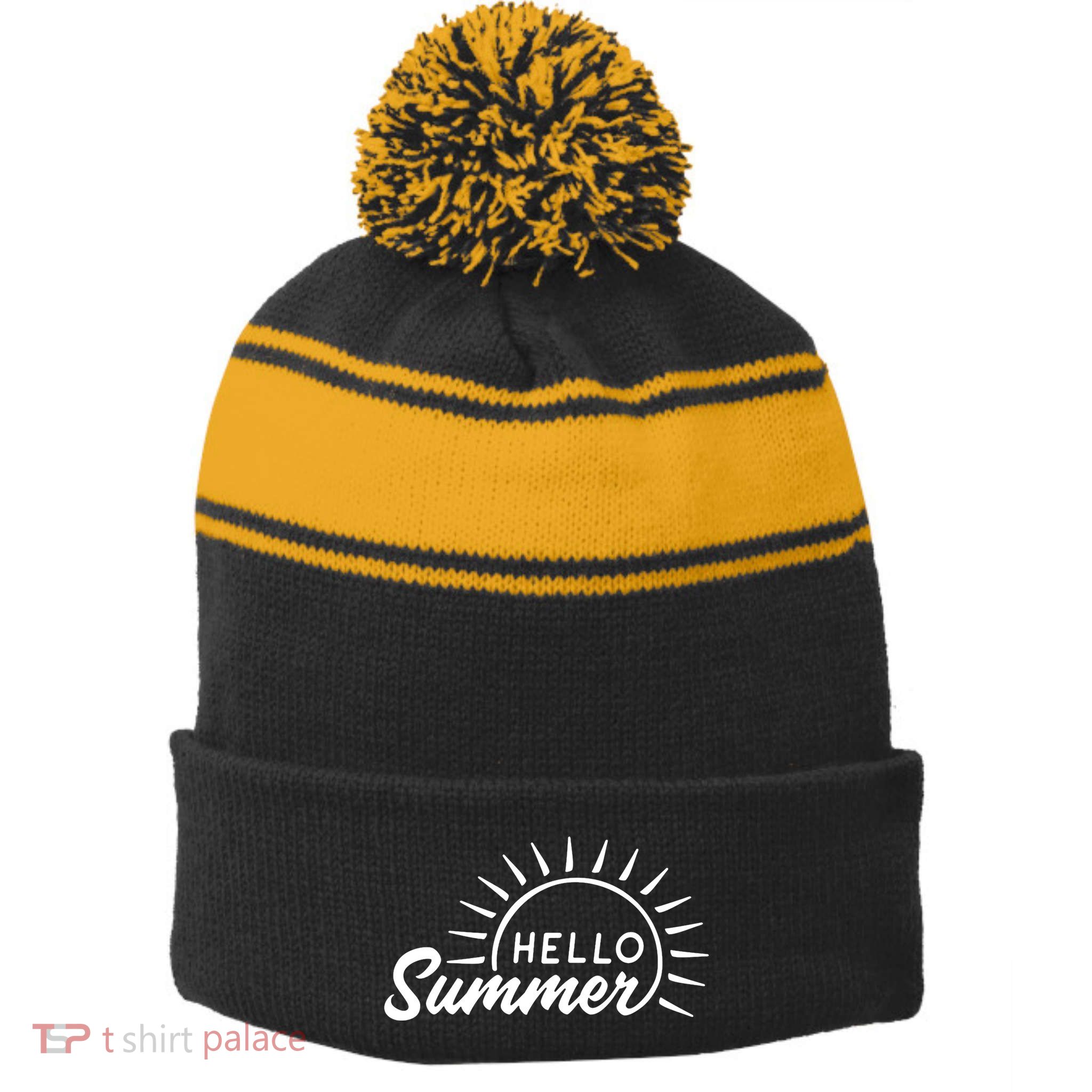 Hello Summer Sunset Stripe Pom Pom Beanie