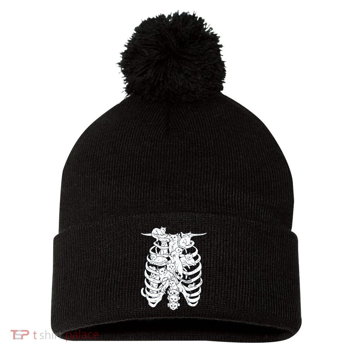 Human Skeleton Spine Cats Pom Pom 12in Knit Beanie
