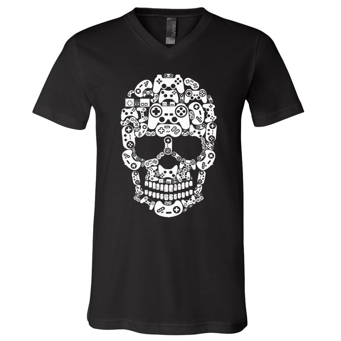 Halloween Skeleton Skull Gamer Controller Gaming V-Neck T-Shirt