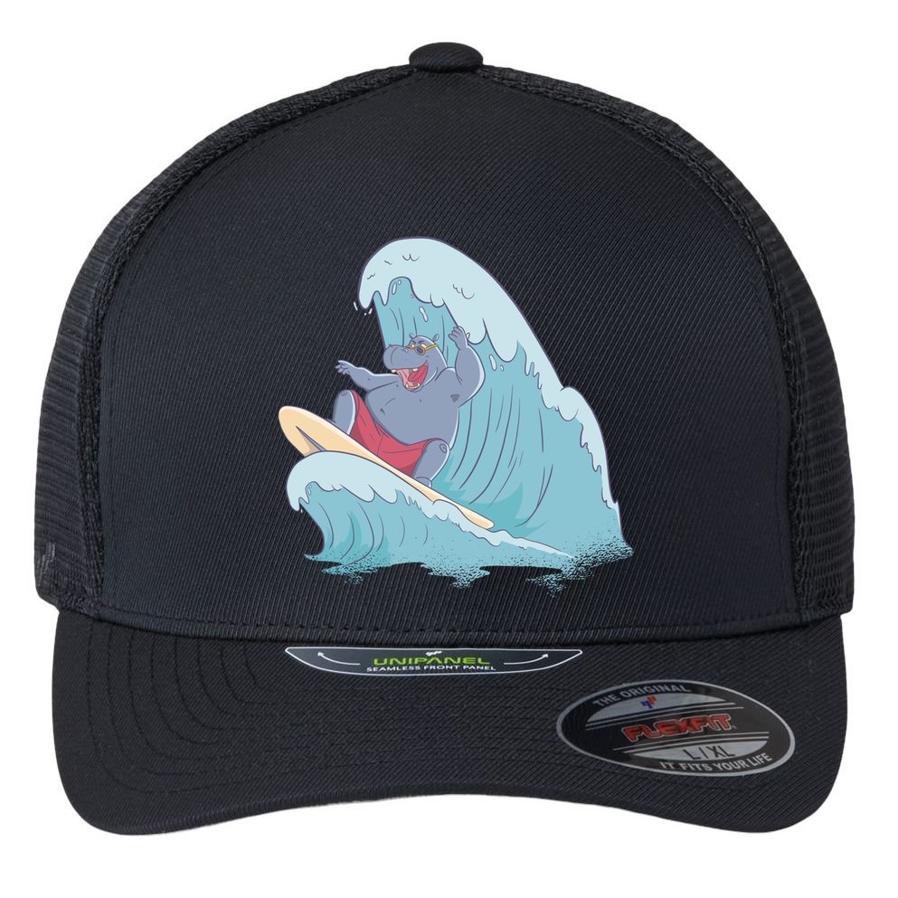 Hippo Surfing Surf Hippopotamus Wave Ocean Beach Gift Flexfit Unipanel Trucker Cap