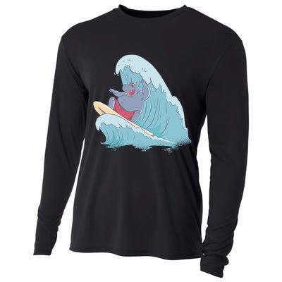 Hippo Surfing Surf Hippopotamus Wave Ocean Beach Gift Cooling Performance Long Sleeve Crew