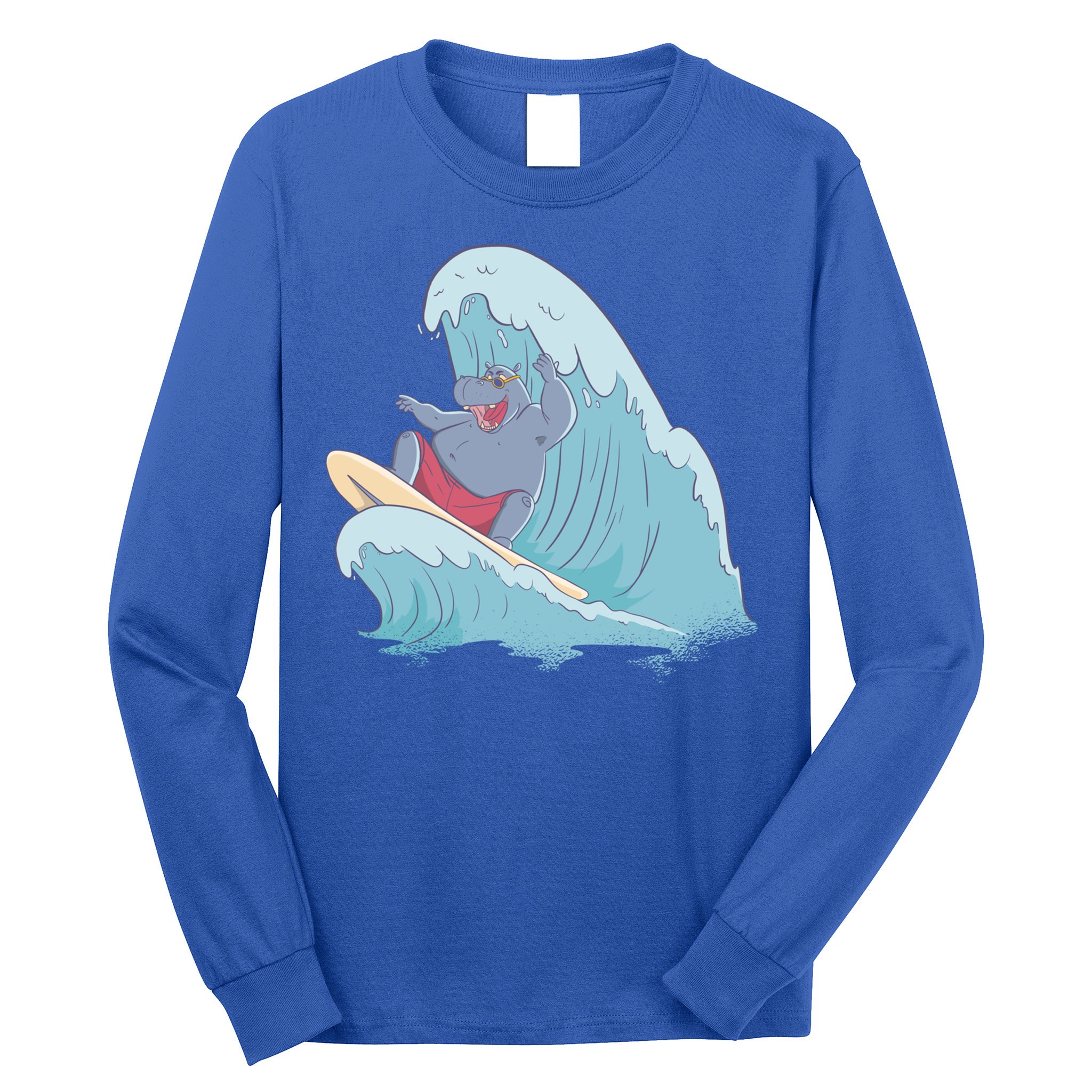Hippo Surfing Surf Hippopotamus Wave Ocean Beach Gift Long Sleeve Shirt