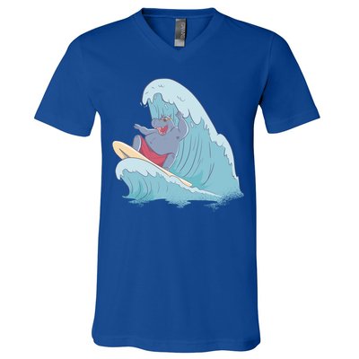 Hippo Surfing Surf Hippopotamus Wave Ocean Beach Gift V-Neck T-Shirt