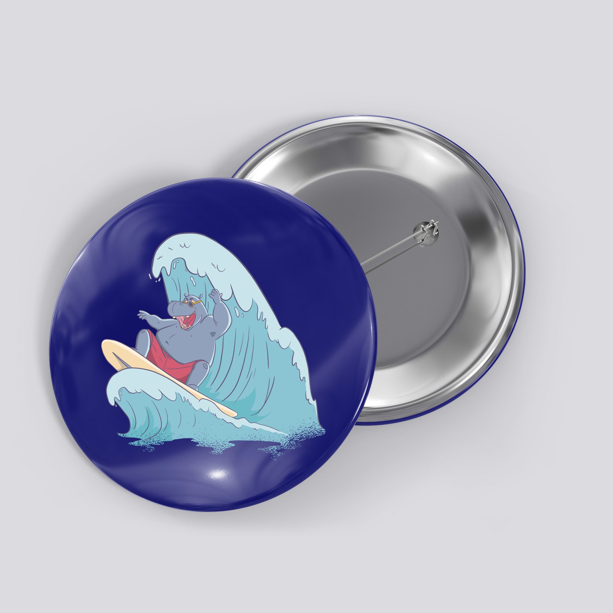 Hippo Surfing Surf Hippopotamus Wave Ocean Beach Gift Button