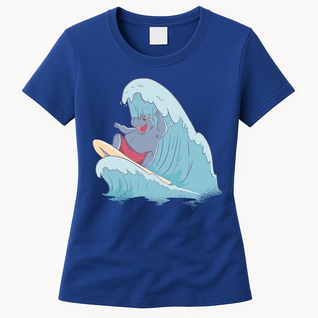 Hippo Surfing Surf Hippopotamus Wave Ocean Beach Gift Womens T-Shirt