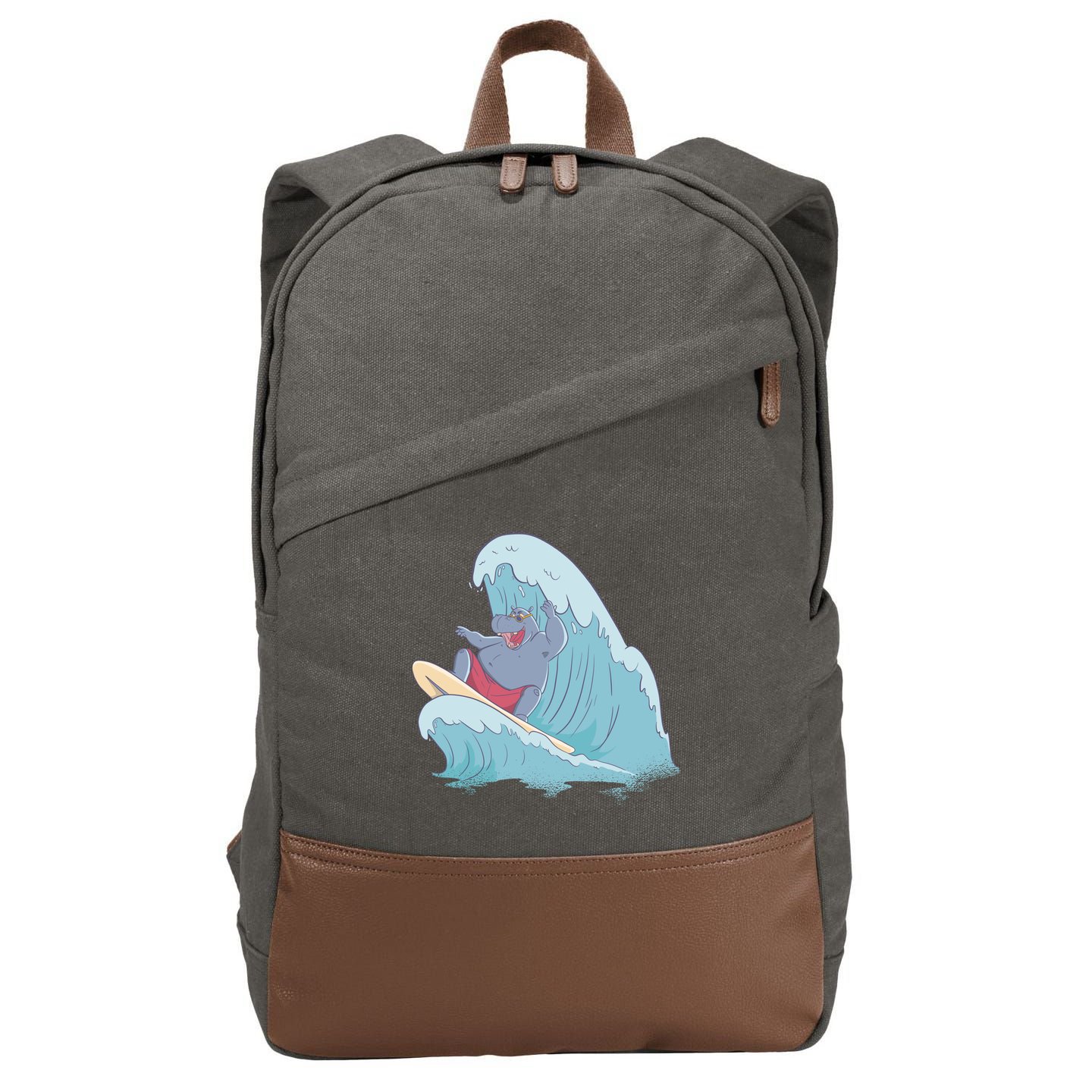 Hippo Surfing Surf Hippopotamus Wave Ocean Beach Gift Cotton Canvas Backpack